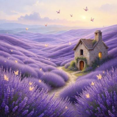 The primary subject of the image is a small, purple house situated in a field of lavender flowers. The house is surrounded by a beautiful, purple field with a variety of butterflies flying around it. The setting is a peaceful, natural environment with a serene atmosphere. The visual style of the image is a digital art or illustration, creating a vibrant and lively scene.